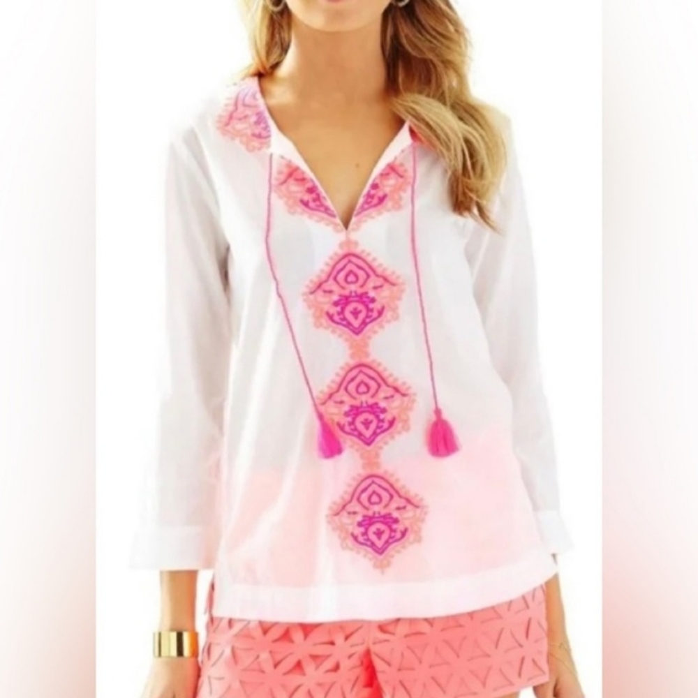 Lilly Pulitzer Amelia Island Embroidered Tunic Size Small Resort White Pink